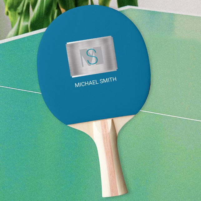 Teal & Grey Monogram, White Name, Silver, Blue Ping Pong Paddle (Creator Uploaded)