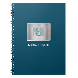 Teal & Grey Monogram, White Name, Silver Dark Blue Notebook
