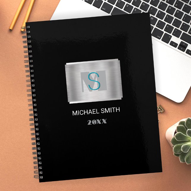 Teal & Grey Monogram White Name, Year Silver/Black Planner (Creator Uploaded)