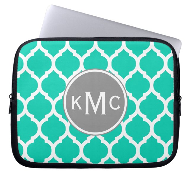 Teal Grey Moroccan Lattice Laptop Sleeve (Front)