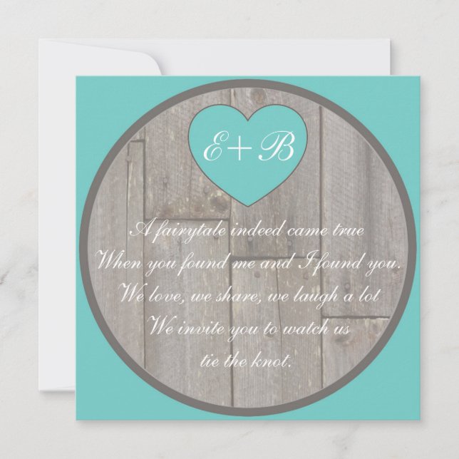 Teal grey rustic heart rhyming wedding invites (Front)