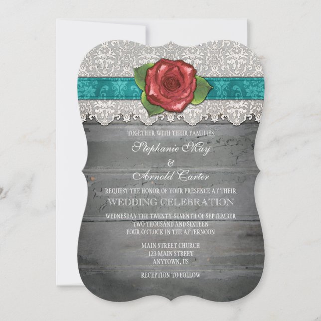 Teal Grey Rustic Wood Rose Wedding Invite (Front)