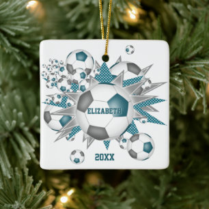 teal grey soccer ball blowout girls sports ceramic ornament