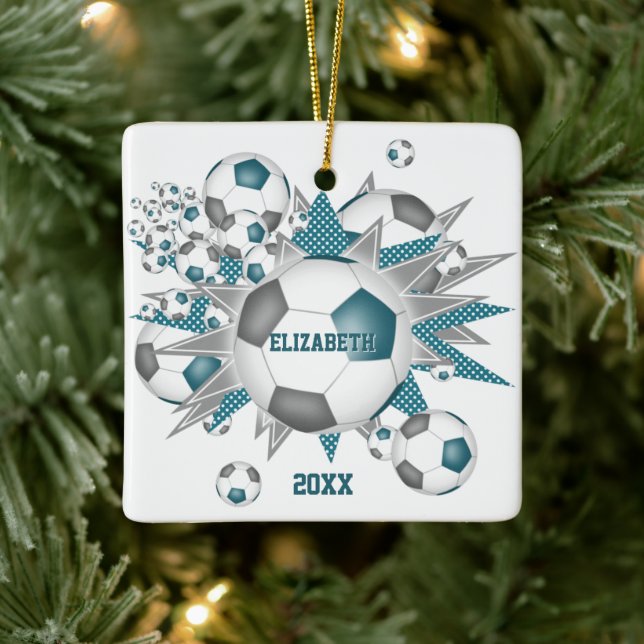 teal grey soccer ball blowout girls sports ceramic ornament (Tree)