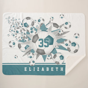 teal grey soccer balls stars girls sports room sherpa blanket