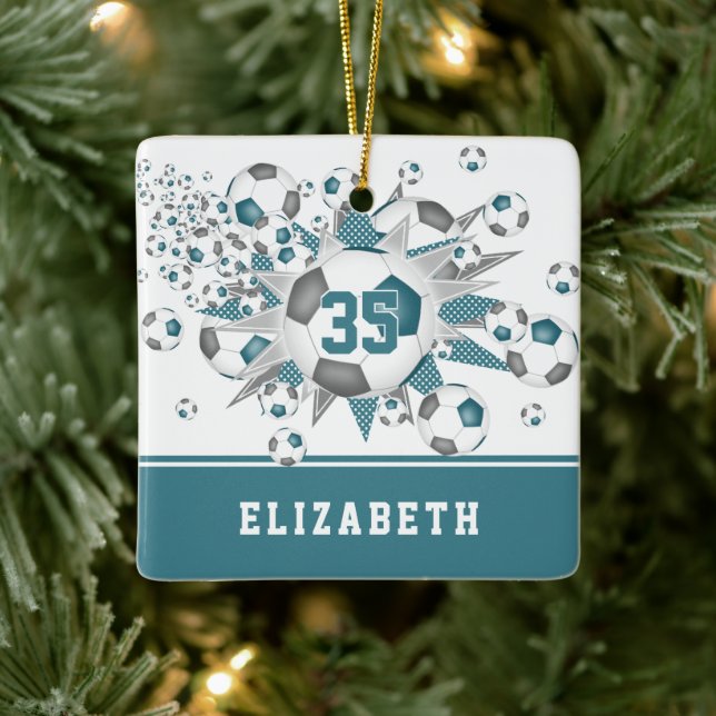 teal grey soccer balls stars personalised  ceramic ornament (Tree)
