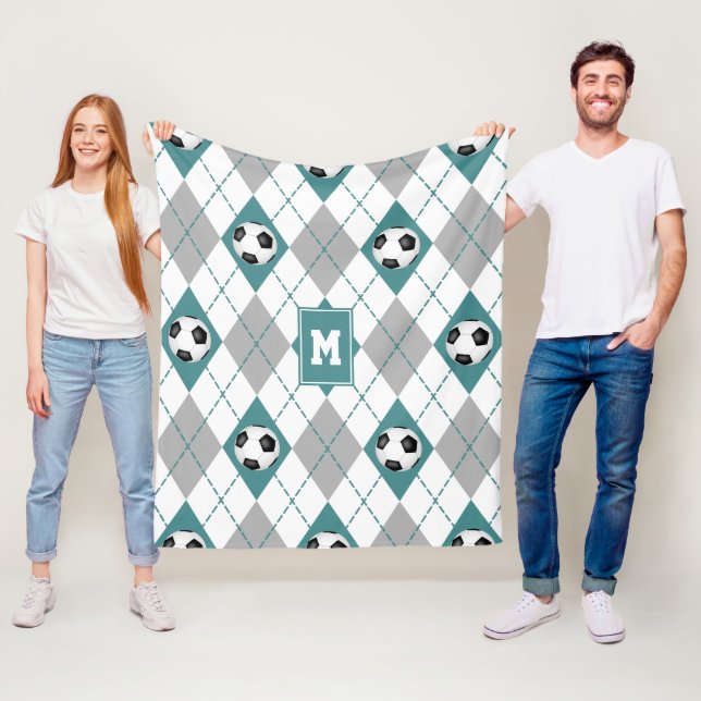 teal grey soccer team colours argyle pattern fleece blanket (In Situ)