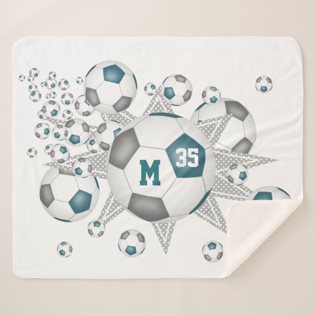 teal grey sports decor soccer ball blowout sherpa blanket (Front (Horizontal))