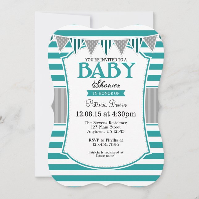 Teal Grey Stripes Baby Shower Invitation (Front)