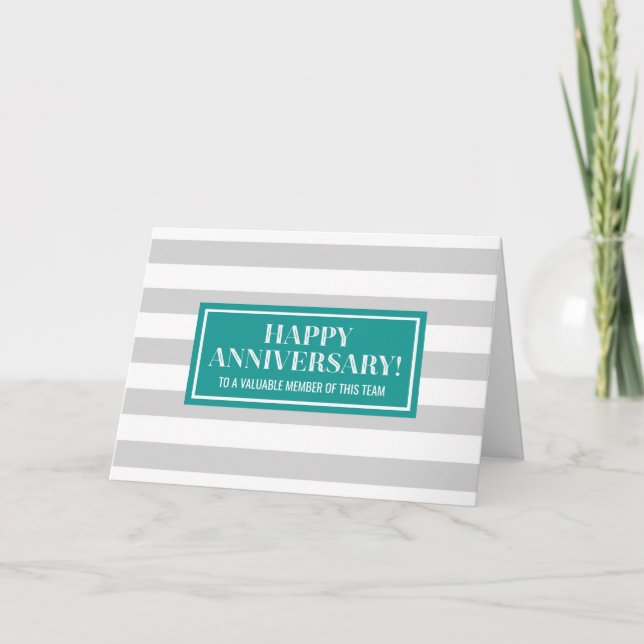 Teal Grey Stripes Employee Anniversary Card (Front)