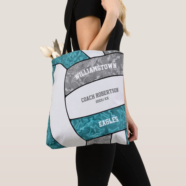 teal grey team colours girls volleyball coach tote bag (Close Up)