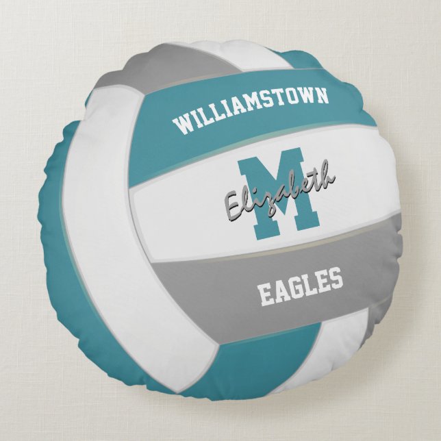 teal grey team colours kids volleyball round cushion (Front)