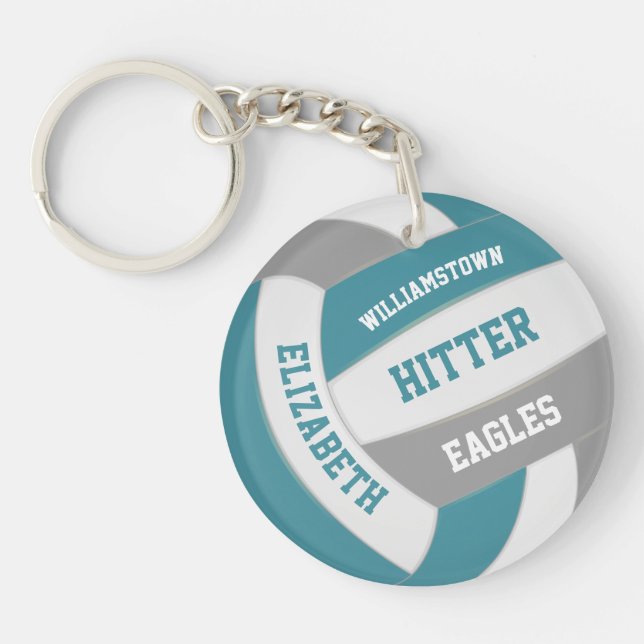 teal grey team colours personalised volleyball key ring (Front)