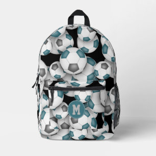 teal grey team colours soccer balls pattern printed backpack