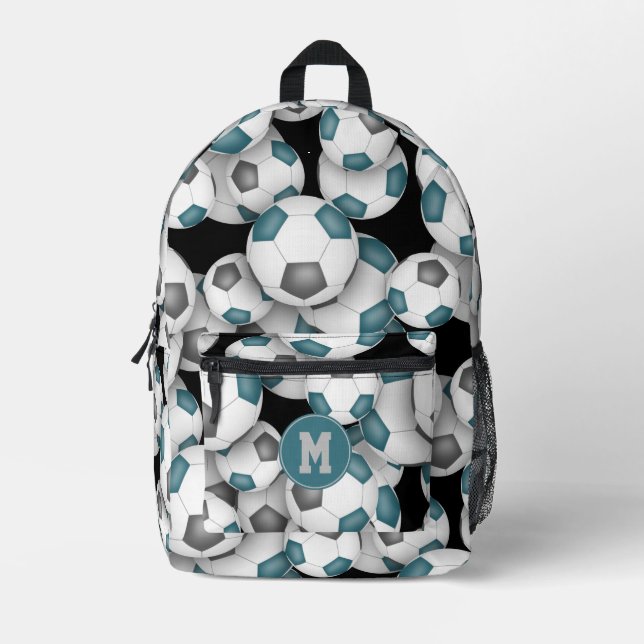teal grey team colours soccer balls pattern printed backpack (Front)