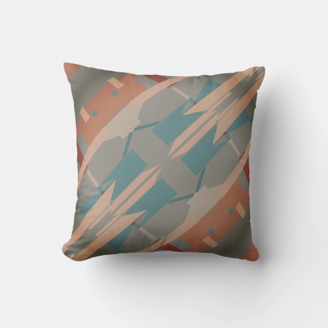Teal Grey Terracotta Coral Slanted Southwest Look Cushion (Front)