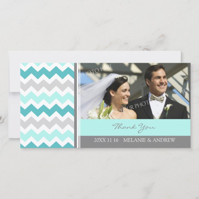Teal Grey Thank You Wedding Photo Cards (Front)
