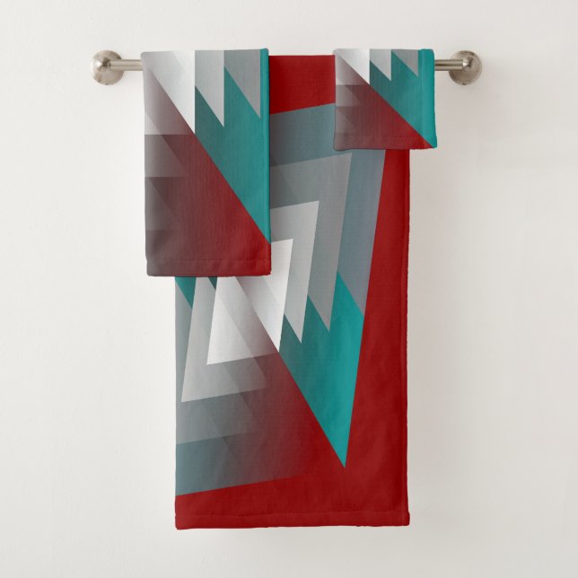 Teal grey triangles on burgundy bath towel set (Insitu)