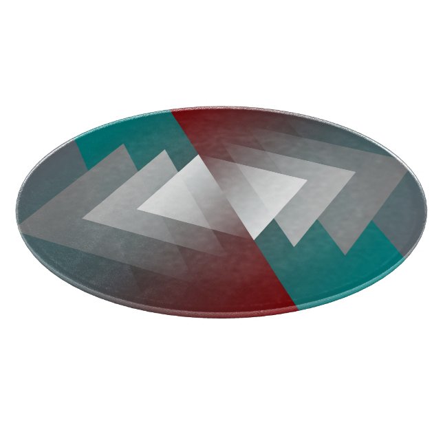 Teal grey triangles on burgundy cutting board (Corner)