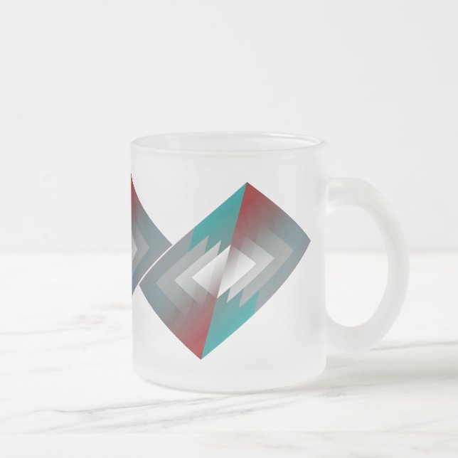 Teal grey triangles on burgundy frosted glass coffee mug (Right)