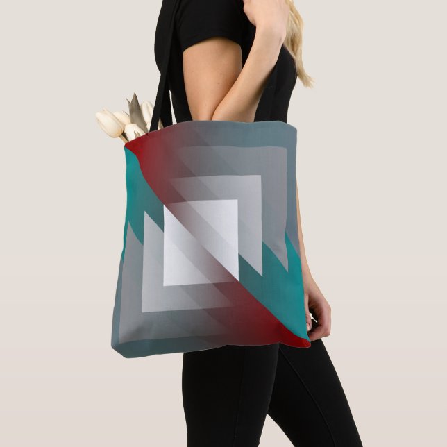 Teal grey triangles on burgundy tote bag (Close Up)