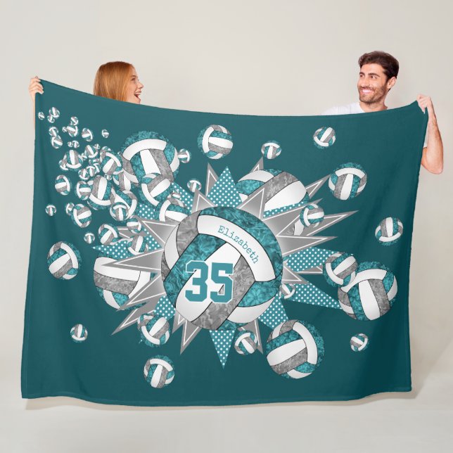 teal grey volleyball blowout girls sports room fleece blanket (In Situ)