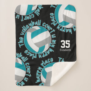 teal grey volleyball court happy place typography sherpa blanket