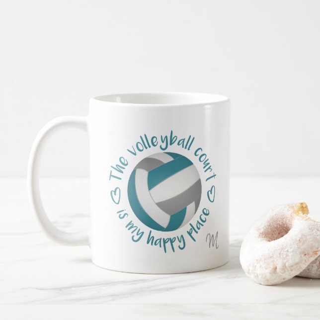 teal grey volleyball court is my happy place coffee mug (With Donut)