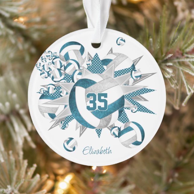 teal grey volleyballs stars girls name keepsake ornament (Tree)