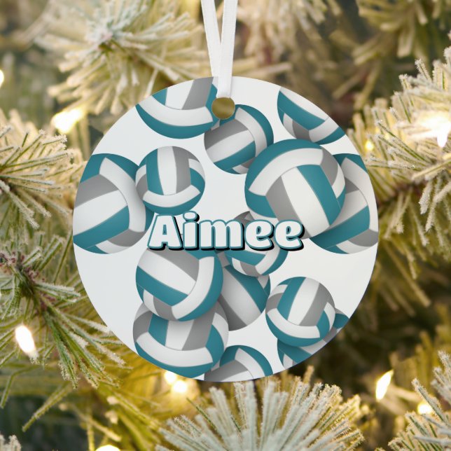 teal grey volleyballs w athlete name keepsake metal tree decoration (Insitu)