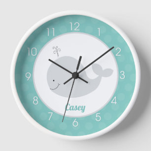Teal Grey Whale Baby Nursery Nautical Kids Wall  Clock