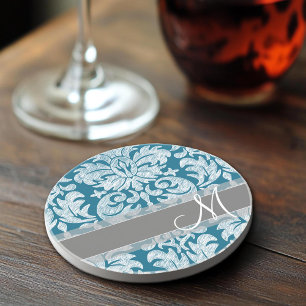 Teal Grey White Chalkboard Damask Pattern Coaster