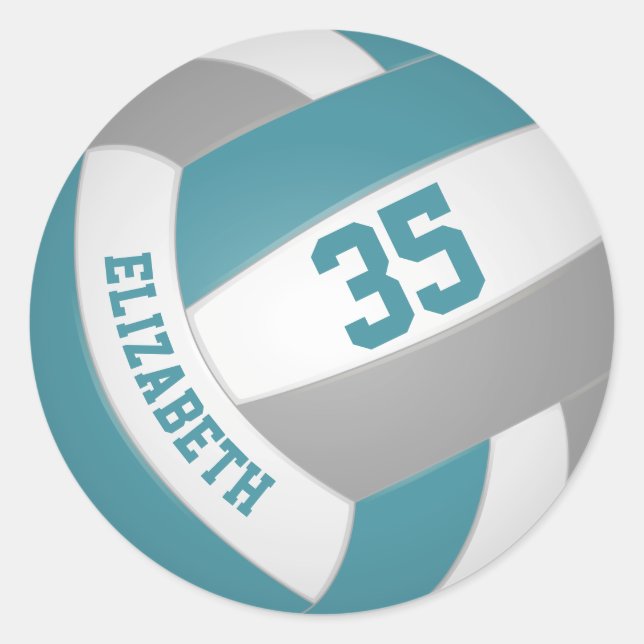 teal grey white custom girls boys name volleyball classic round sticker (Front)