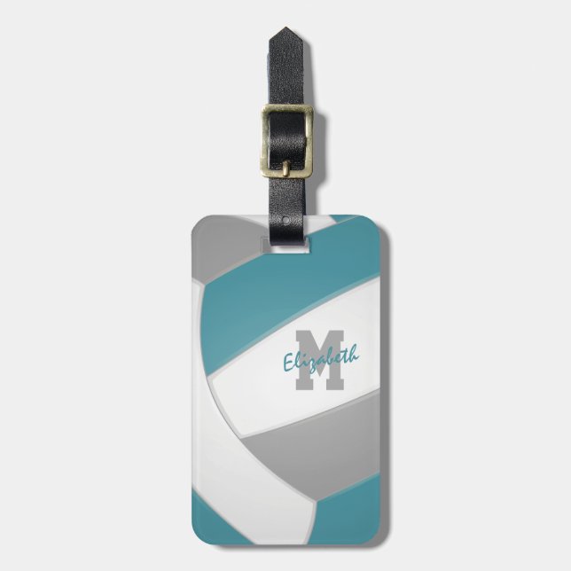 teal grey white monogrammed volleyball luggage tag (Front Vertical)