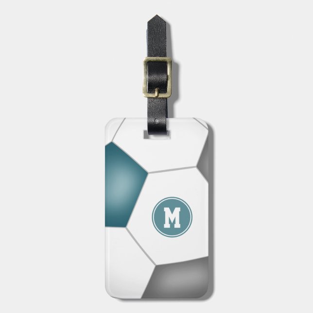 teal grey white soccer monogrammed luggage tag (Front Vertical)