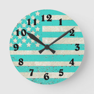 Teal grunge American flag clock