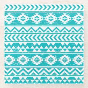 Teal Grunge Aztec Tribal Pattern Glass Coaster