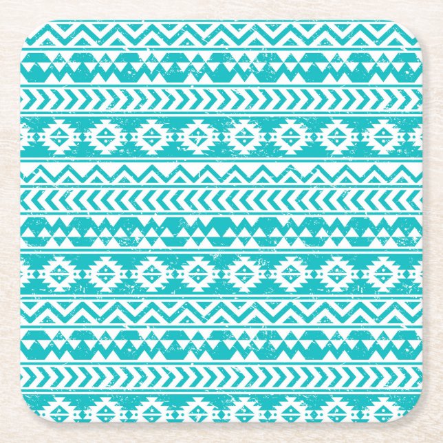 Teal Grunge Aztec Tribal Pattern Square Paper Coaster (Front)