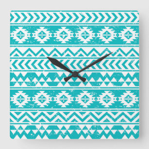 Teal Grunge Aztec Tribal Pattern Square Wall Clock