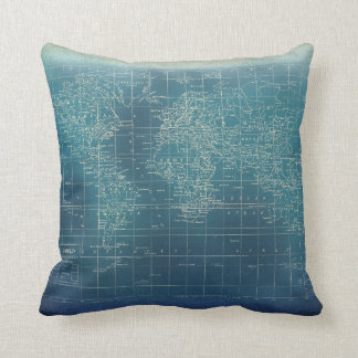 Teal Grunge World Map Pillow