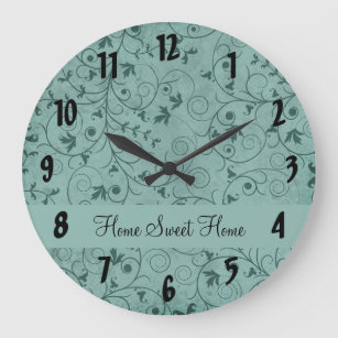 Teal Grungy Floral Large Clock