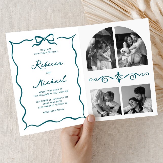 Teal Hand Drawn Bow QR Code Photo Wedding Invitation (Creator Uploaded)