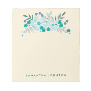 Teal Hand Drawn Flowers, Personalised Notepad
