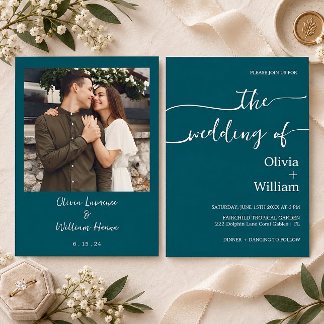 Teal Handwritten Script Photo Wedding Invitation (Teal Handwritten Script Photo Wedding)