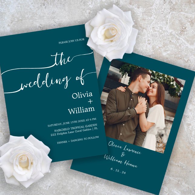 Teal Handwritten Script Photo Wedding Invitation (Creator Uploaded)
