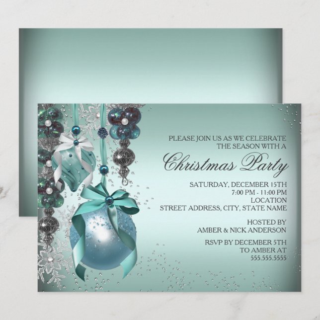 Teal Hanging Ornaments Christmas Party Invite (Front/Back)