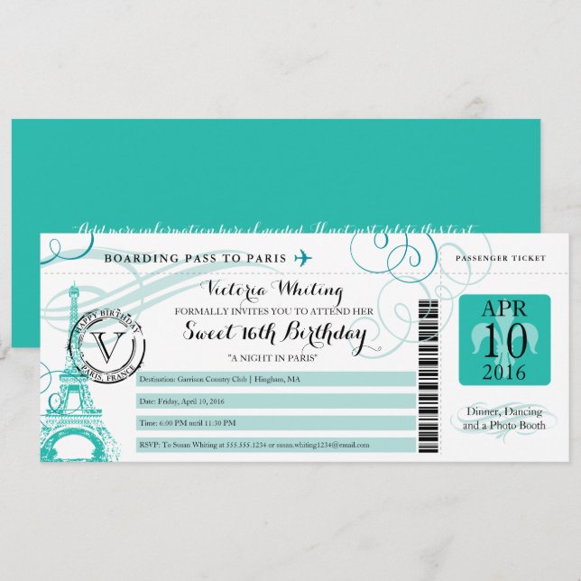 Teal Happy Birthday Boarding Pass to Paris France Invitation (Front/Back)