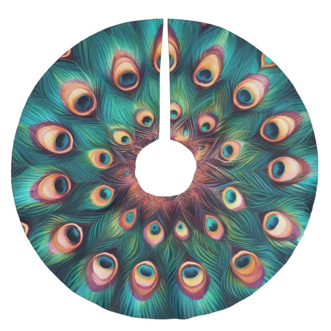 Teal Hard Pastels Drawing Peacock Feathers Brushed Polyester Tree Skirt (Front)