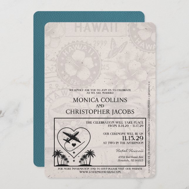Teal Hawaii Passport Wedding Invitation (Front/Back)