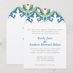 Teal Hazelnut Greenery Damask Wedding Invitation